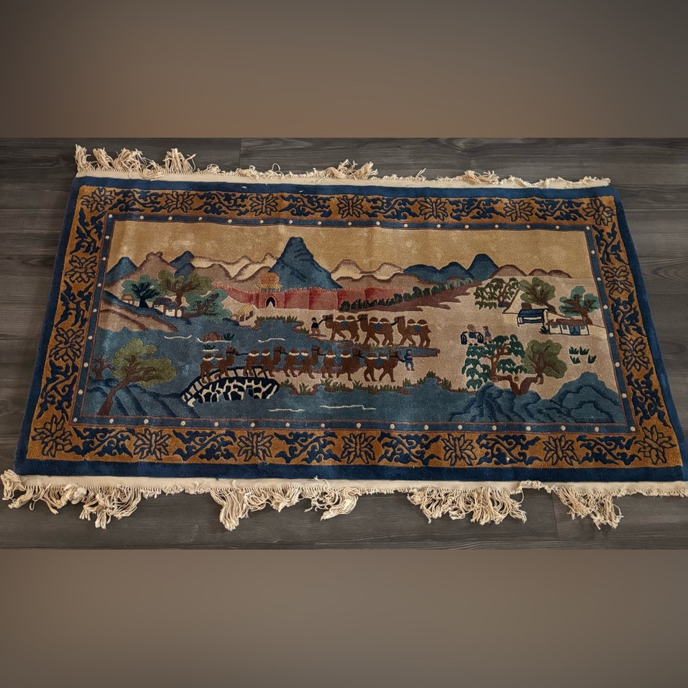 Vintage Textile Jerusalem Camel Nativity Prayer Rug Throw Blue 54” x 29”